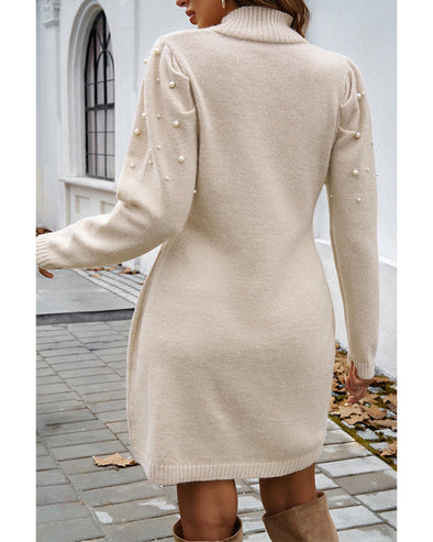 Parchment Pearl Beaded High Neck Bodycon Sweater Dress - XL