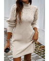 Parchment Pearl Beaded High Neck Bodycon Sweater Dress - XL