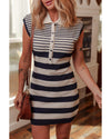 Black Mixed Striped Print Half Placket Collared Cap Sleeve Bodycon Sweater Dress - L