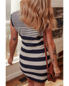 Black Mixed Striped Print Half Placket Collared Cap Sleeve Bodycon Sweater Dress - L