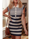 Black Mixed Striped Print Half Placket Collared Cap Sleeve Bodycon Sweater Dress - L