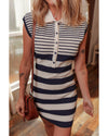 Black Mixed Striped Print Half Placket Collared Cap Sleeve Bodycon Sweater Dress - L