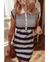 Black Mixed Striped Print Half Placket Collared Cap Sleeve Bodycon Sweater Dress - L