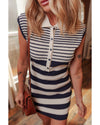 Black Mixed Striped Print Half Placket Collared Cap Sleeve Bodycon Sweater Dress - L