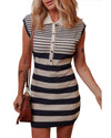 Black Mixed Striped Print Half Placket Collared Cap Sleeve Bodycon Sweater Dress - L