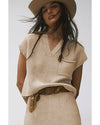 Apricot Chest Pocket V Neck Ribbed Cap Sleeve Sweater - L