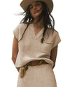 Apricot Chest Pocket V Neck Ribbed Cap Sleeve Sweater - L