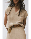 Apricot Chest Pocket V Neck Ribbed Cap Sleeve Sweater - L