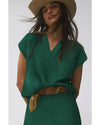 Blackish Green Chest Pocket V Neck Ribbed Cap Sleeve Sweater - M