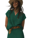 Blackish Green Chest Pocket V Neck Ribbed Cap Sleeve Sweater - M