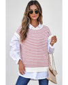 Red Stripe Ribbed Trim Loose Fit Knitted Sweater Vest - L