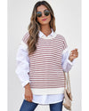 Red Stripe Ribbed Trim Loose Fit Knitted Sweater Vest - L