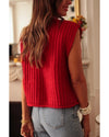 Fiery Red Solid Textured Knit Side Pockets Buttoned Sweater Vest - M