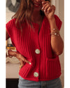 Fiery Red Solid Textured Knit Side Pockets Buttoned Sweater Vest - M