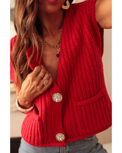 Fiery Red Solid Textured Knit Side Pockets Buttoned Sweater Vest - S
