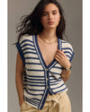 Blue Stripe Loose Buttoned V Neck Sweater Vest - L