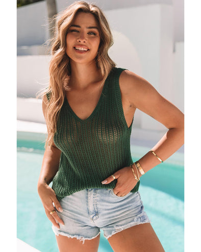 Green Hollowed Knit V Neck Tank Top - L