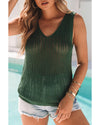 Green Hollowed Knit V Neck Tank Top - XL