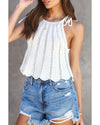 White Tie Straps Wave Stripes Textured Eyelet Knitted Vest - XL