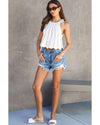 White Tie Straps Wave Stripes Textured Eyelet Knitted Vest - XL