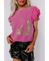 Pink Leopard Ruffled Sleeve Round Neck Knit Sweater - L
