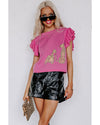 Pink Leopard Ruffled Sleeve Round Neck Knit Sweater - L