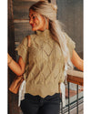 Light French Beige Hollowed Knit Scalloped Trim High Neck Sweater - L