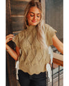 Light French Beige Hollowed Knit Scalloped Trim High Neck Sweater - L