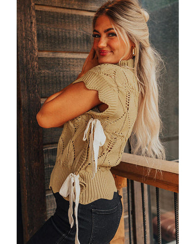 Light French Beige Hollowed Knit Scalloped Trim High Neck Sweater - M