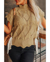 Light French Beige Hollowed Knit Scalloped Trim High Neck Sweater - M