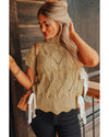 Light French Beige Hollowed Knit Scalloped Trim High Neck Sweater - M