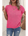 Bright Pink Lattice Textured Knit Short Sleeve Sweater - L