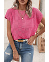 Bright Pink Lattice Textured Knit Short Sleeve Sweater - L