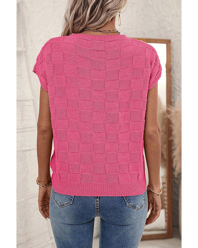 Bright Pink Lattice Textured Knit Short Sleeve Sweater - M