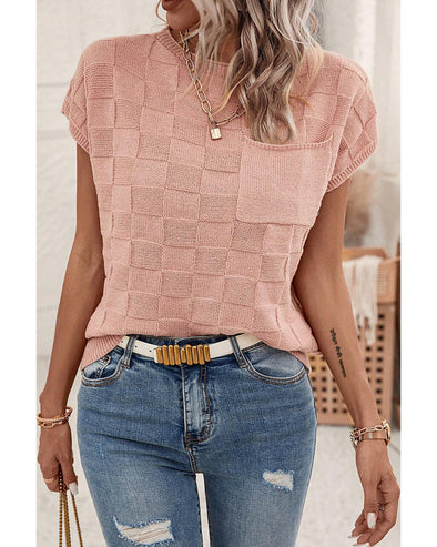 Dusty Pink Lattice Textured Knit Short Sleeve Sweater - XL