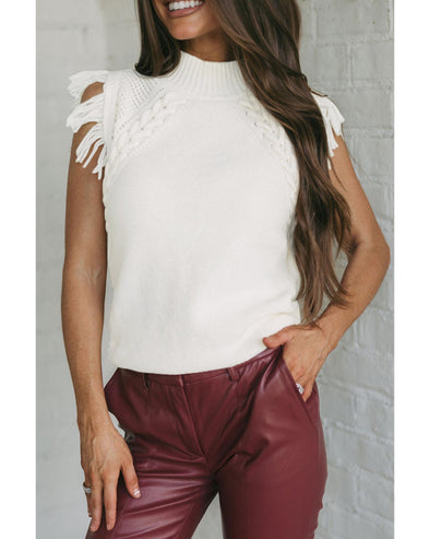 White Woven Tasseled Sleeveless Mock Neck Sweater Vest - XL
