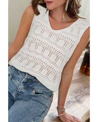 White V Neck Textured Hollow-out Sweater Vest - 2XL