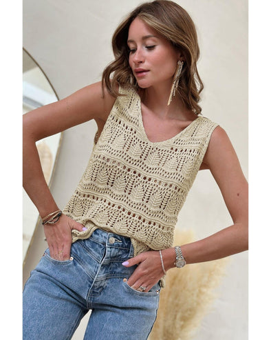 Apricot V Neck Textured Hollow-out Sweater Vest - XL
