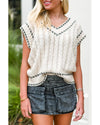 White Contrast Trim V Neck Cable Knit Sweater Vest - M