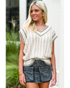 White Contrast Trim V Neck Cable Knit Sweater Vest - M