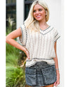 White Contrast Trim V Neck Cable Knit Sweater Vest - XL