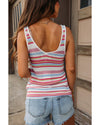 White Stripe Pointelle Knit V Neck Tank Top - L