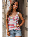 White Stripe Pointelle Knit V Neck Tank Top - M