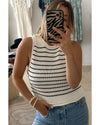 Black Stripe Raw Edge Crew Neck Knitted Vest - M