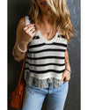 Beige Stripe Loose Knit Fringe Tank Top - 2XL