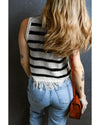 Beige Stripe Loose Knit Fringe Tank Top - 2XL