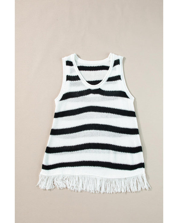 Beige Stripe Loose Knit Fringe Tank Top - XL