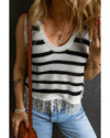 Beige Stripe Loose Knit Fringe Tank Top - XL