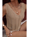 Pale Khaki Scalloped Hem V Neck Crochet Knit Vest - M
