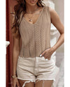 Pale Khaki Scalloped Hem V Neck Crochet Knit Vest - M